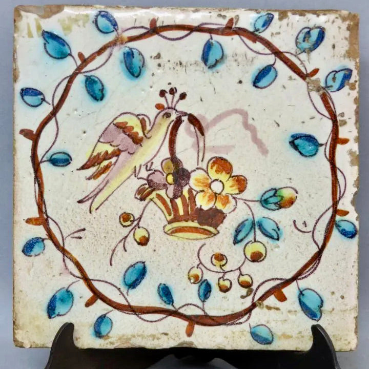 Azulejo de Manises con Ave y Flores | Valencia, Siglo XVII