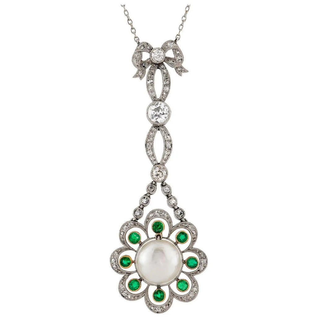 Colgante de Perla Natural Esmeralda y Diamante | Estilo Eduardiano |1910