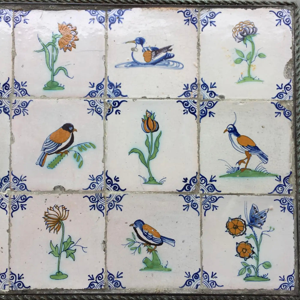 15 Azulejos Policromos Collaert de Delft con Pájaros y Flores, 1630