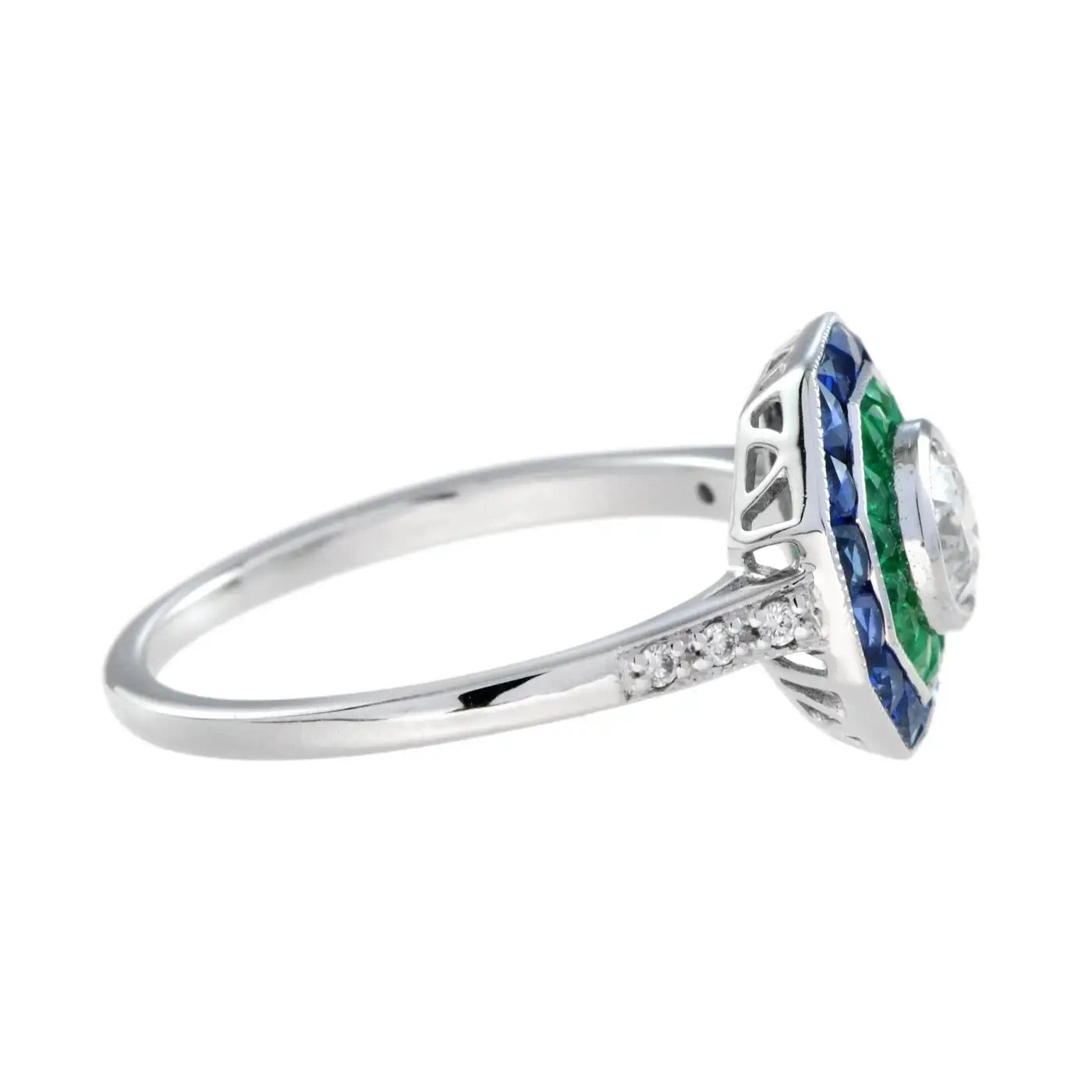 Anillo de Compromiso de Diamantes con Zafiro y Esmeralda
