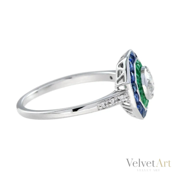 Anillo de Compromiso de Diamantes con Zafiro y Esmeralda