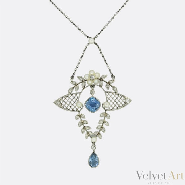 Collar de Aguamarina, Perlas y Diamantes | Estilo Eduardiano, 1900
