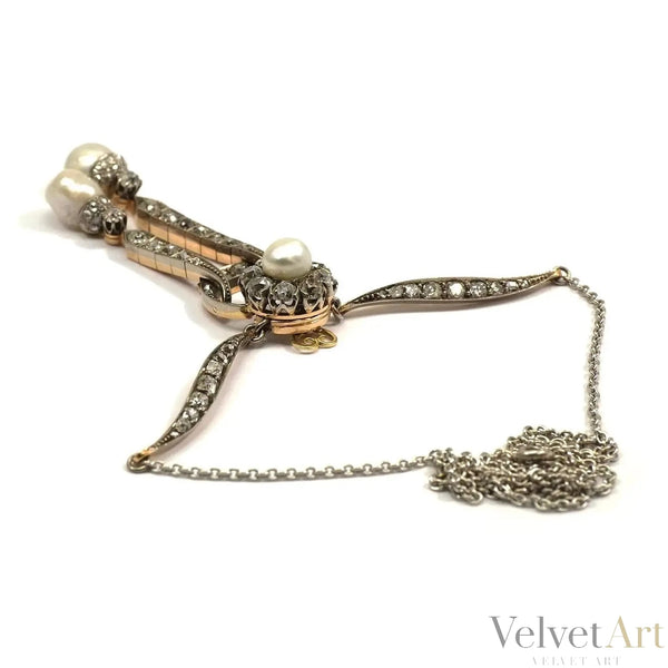 Collar Lavalier Eduardiano con Diamantes y Perlas Naturales de 1910