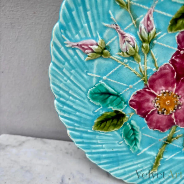 Plato de Mayólica Francesa Aguamarina Rosa Silvestre Sarreguemines de 1890
