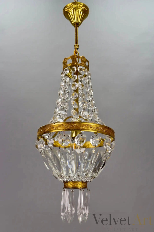 Araña de Latón y Cristal Estilo Imperio Francés, Año 1950