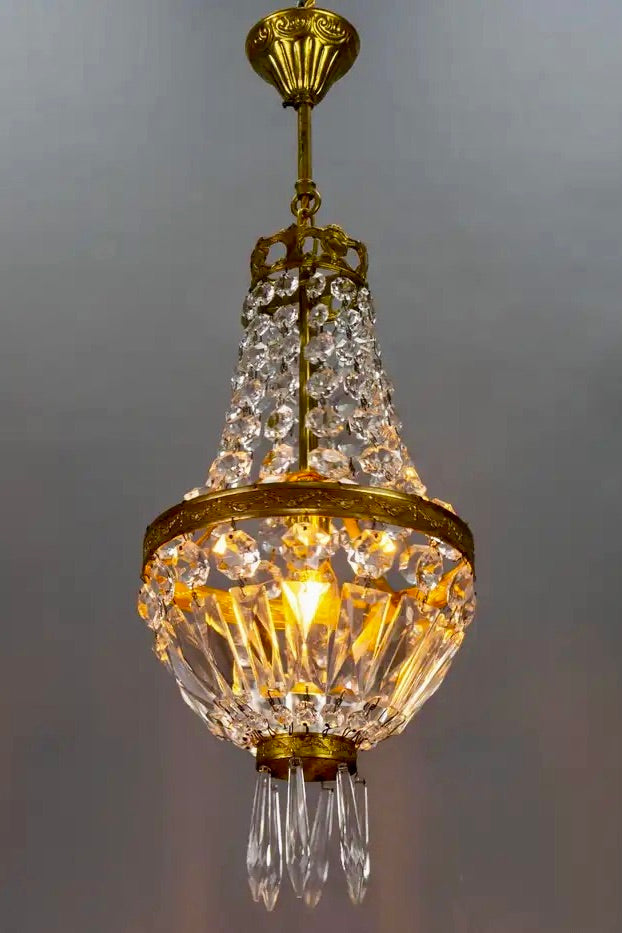 Araña de Latón y Cristal Estilo Imperio Francés, Año 1950