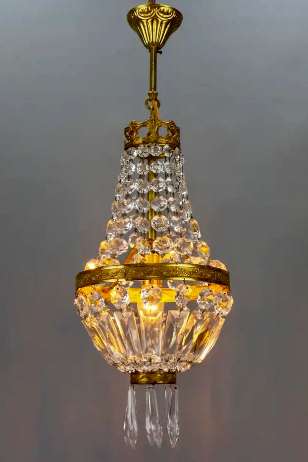Araña de Latón y Cristal Estilo Imperio Francés, Año 1950