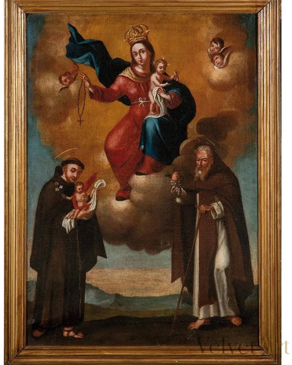“Virgen del Rosario con San Antonio de Padua y San Antonio Abad” | Escuela Española,  Siglo XVII