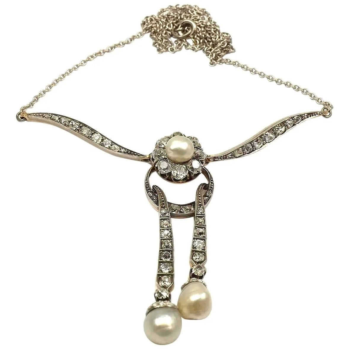 Collar Lavalier Eduardiano con Diamantes y Perlas Naturales de 1910