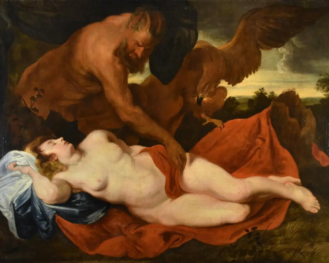 Círculo de Van Dyck: "Júpiter y Antíope" | Óleo Flamenco del Siglos XVII-XVIII