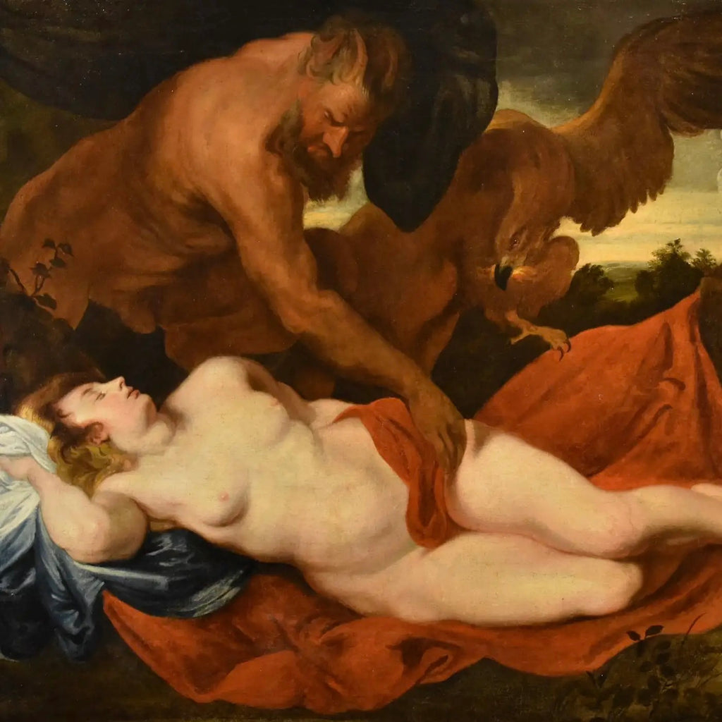 Círculo de Van Dyck: "Júpiter y Antíope" | Óleo Flamenco del Siglos XVII-XVIII
