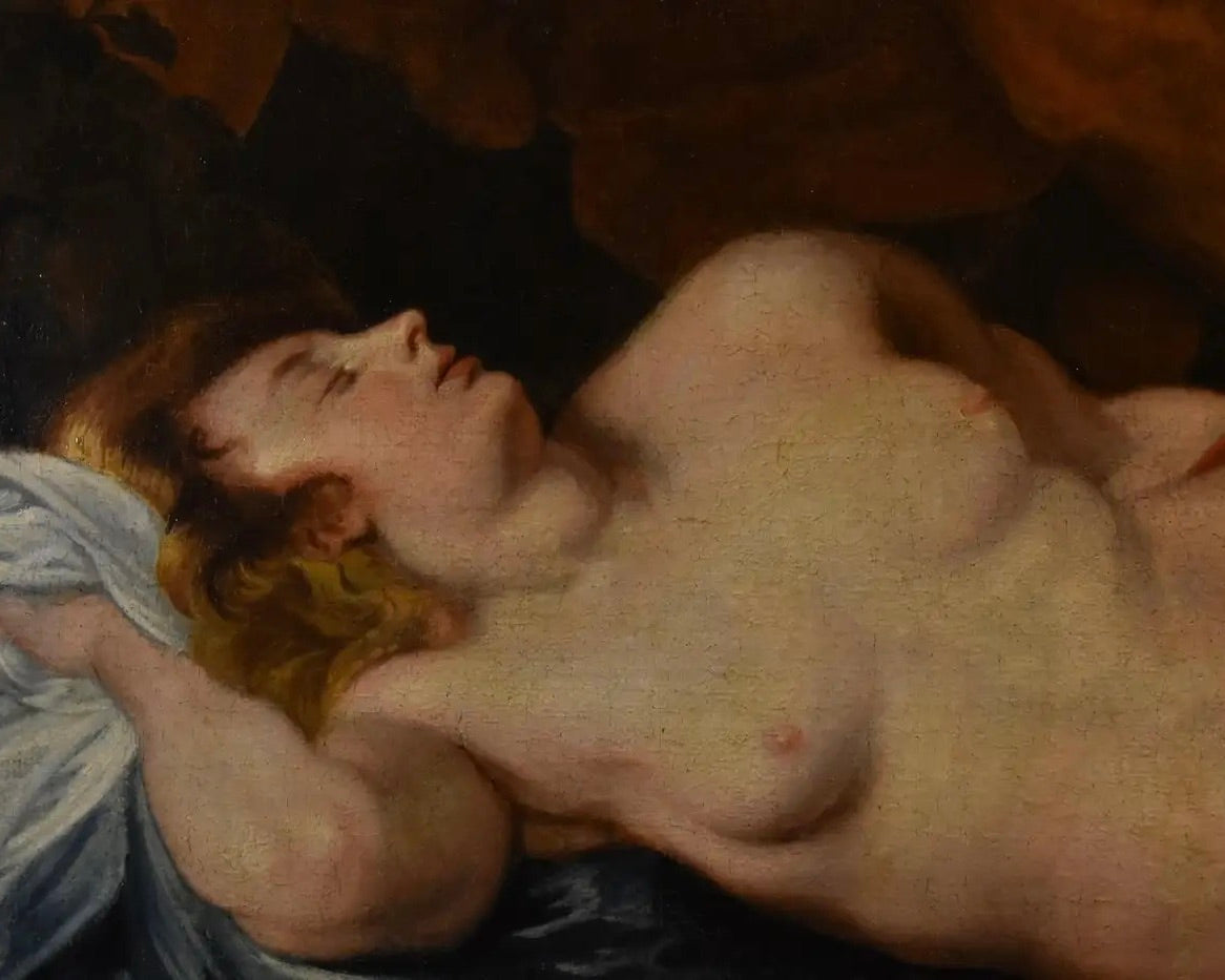 Círculo de Van Dyck: "Júpiter y Antíope" | Óleo Flamenco del Siglos XVII-XVIII