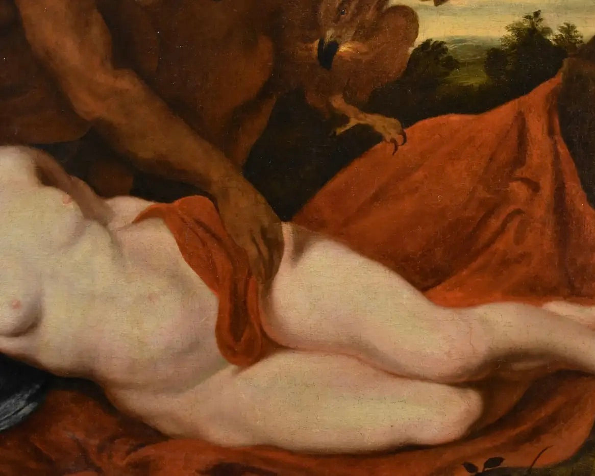 Círculo de Van Dyck: "Júpiter y Antíope" | Óleo Flamenco del Siglos XVII-XVIII