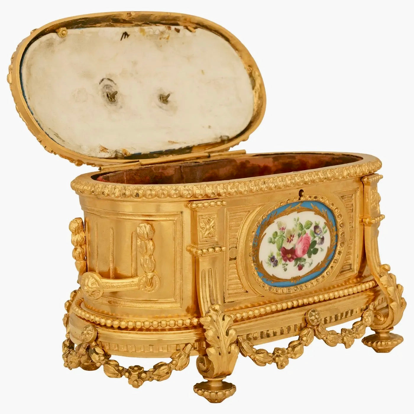 Caja joyero francesa de porcelana de Sèvres y ormolú, estilo Luis XVI, siglo XIX