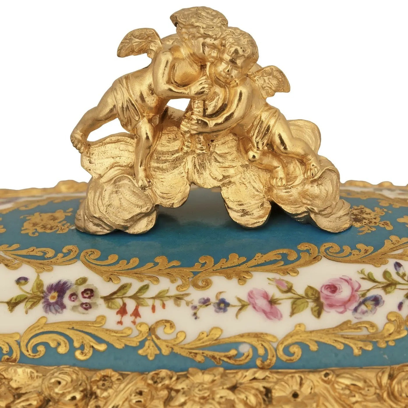 Caja joyero francesa de porcelana de Sèvres y ormolú, estilo Luis XVI, siglo XIX