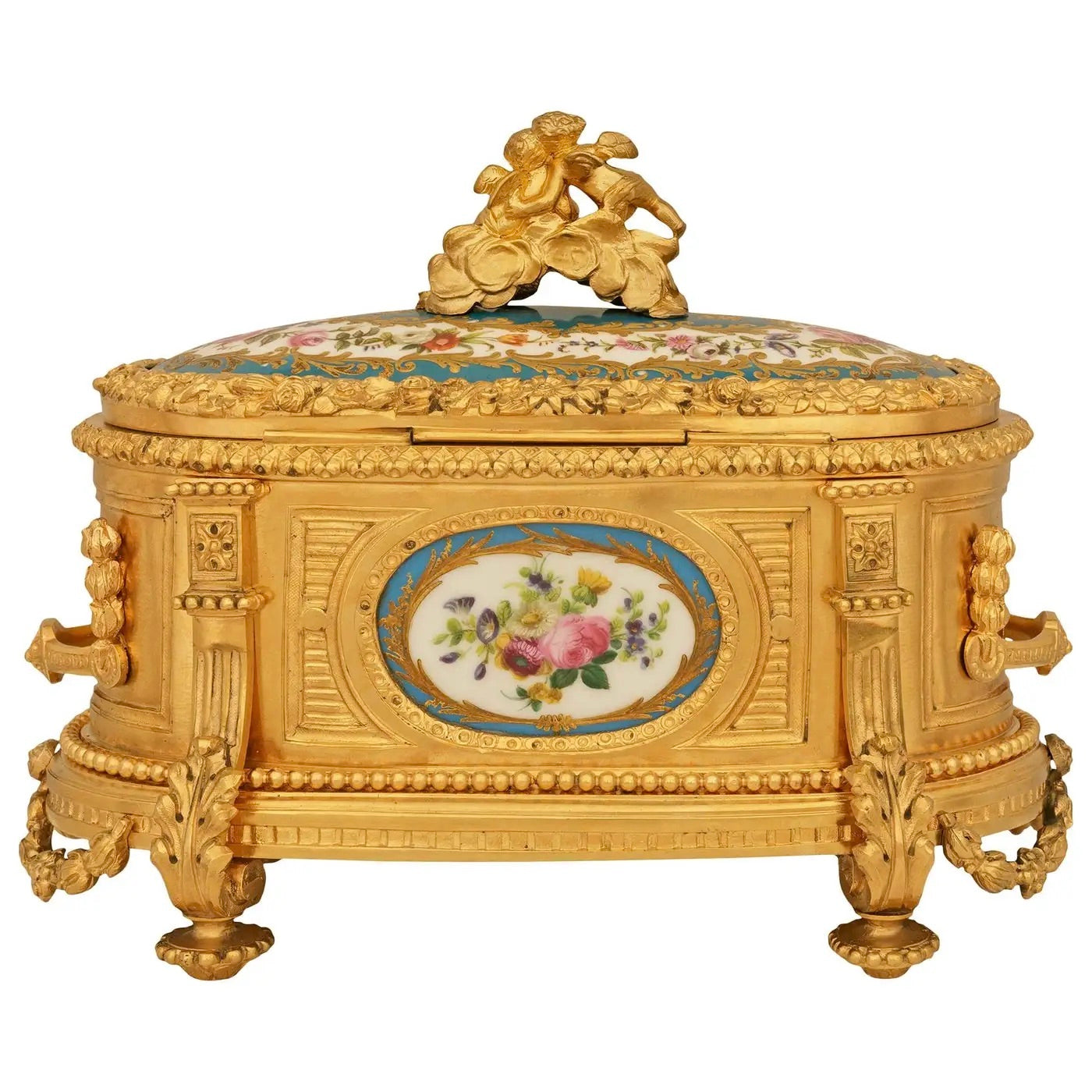 Caja joyero francesa de porcelana de Sèvres y ormolú, estilo Luis XVI, siglo XIX