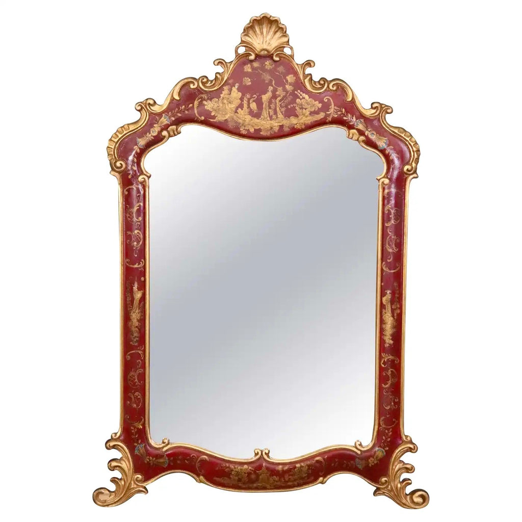 Espejo Rojo Chinoiserie Tallado en Dorado de 1950