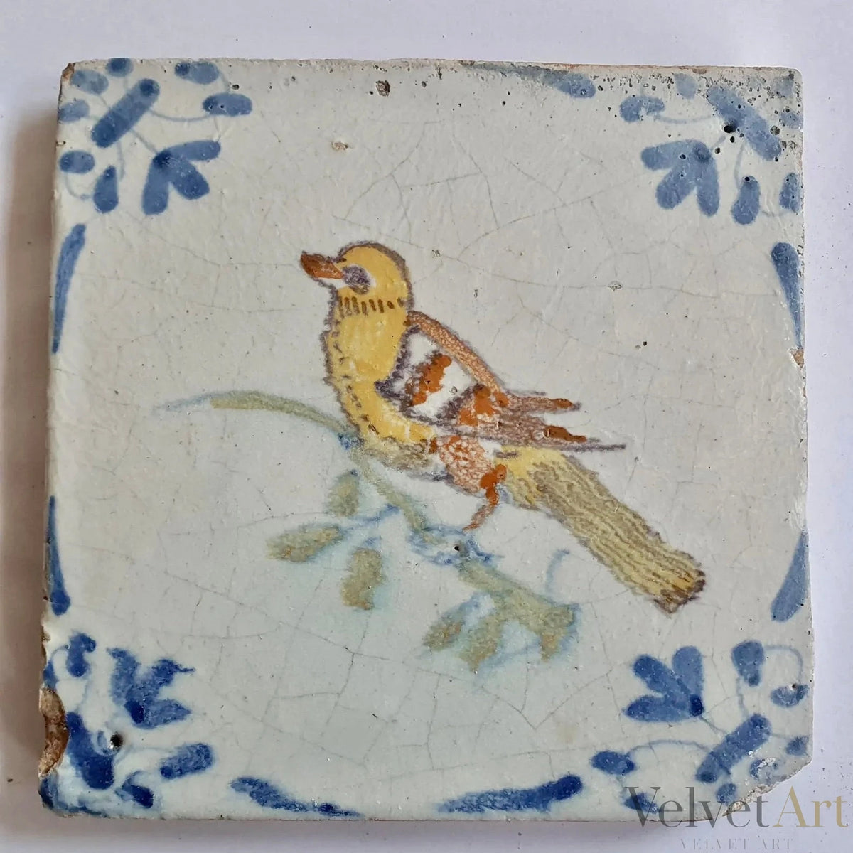 Azulejo Policromado Holandés del Siglo XVII | "Pájaro" | Esquinas Cabeza de Buey | Fechado en 1625