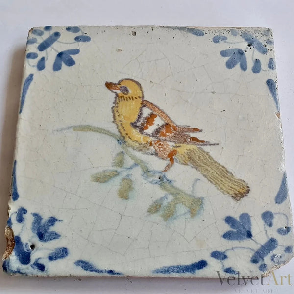 Azulejo Policromado Holandés del Siglo XVII | "Pájaro" | Esquinas Cabeza de Buey | Fechado en 1625