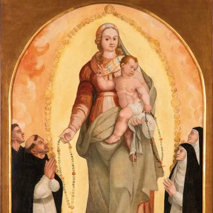 La Virgen del Rosario con Santo Domingo y Santa Catalina | Escuela Castellana, Siglo XVI